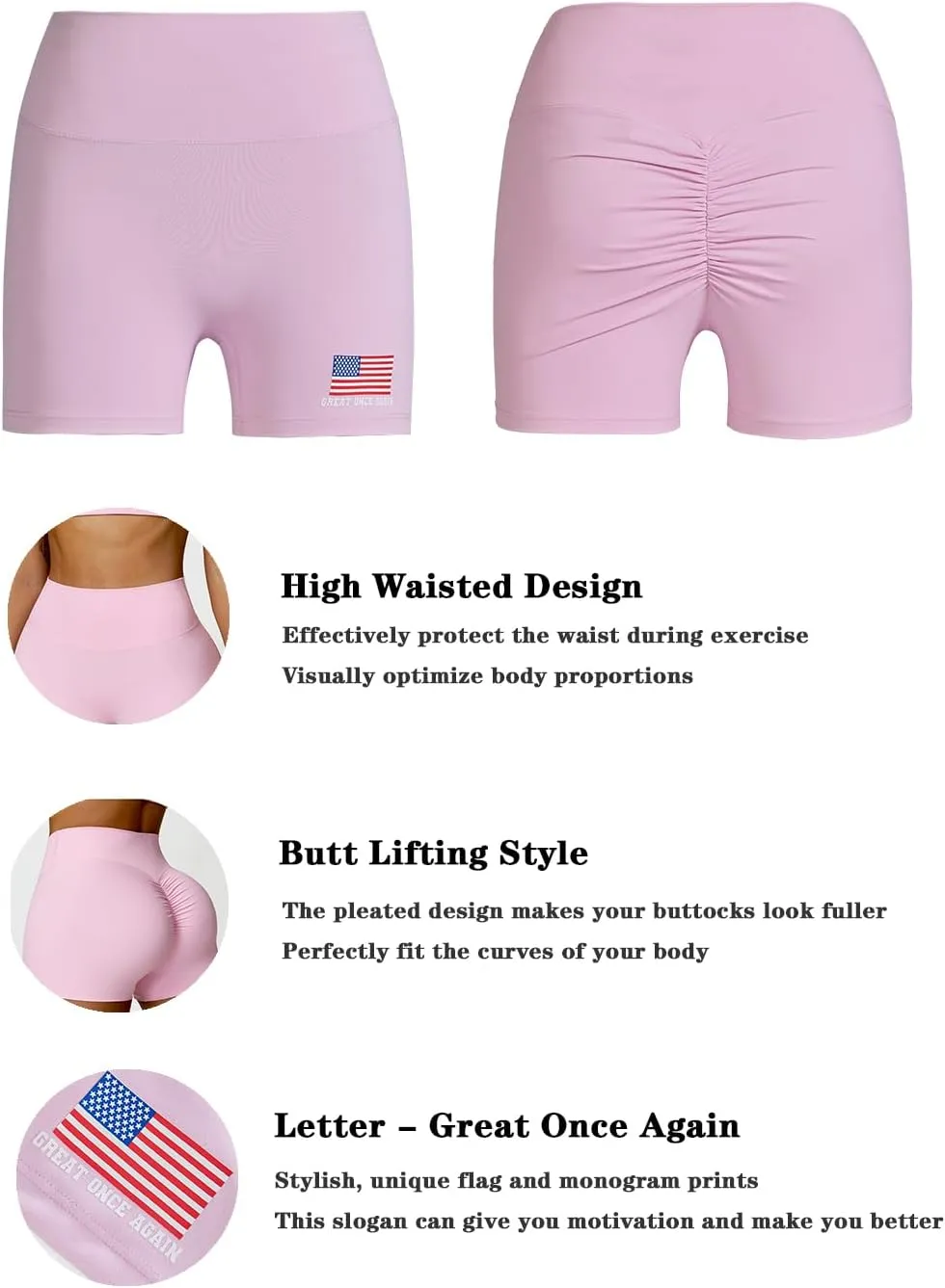 Womens Butt Lift Yoga Shorts Flag Printed High Waisted Back Ruched Legging Shorts Tummy Control Sports Bike Shorts