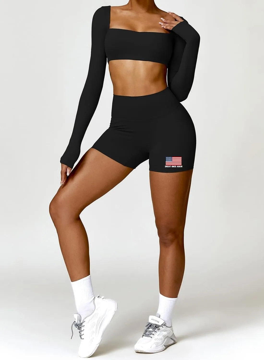 Womens Butt Lift Yoga Shorts Flag Printed High Waisted Back Ruched Legging Shorts Tummy Control Sports Bike Shorts