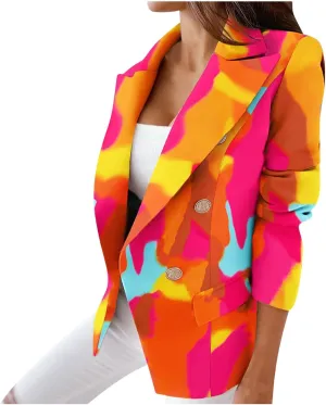 Womens Casual Blazer Jacket Long Sleeve Work 0ffice Blazer Chain Print Button Front Lapel Jackets Business Outerwear