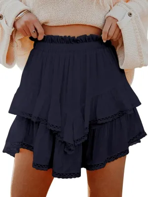 Women's Casual Bohemian Pleated Layered Skirt High Waist Golf Tennis Crochet Mini Skirts Cute Swing Beach Shorts