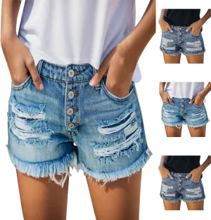 Women's Casual High Waisted Ripped Denim Shorts Folded Hem Stretch Jeans Shorts 2025 Summer Short Jean with Pockets