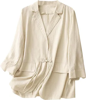 Womens Cotton Linen Blazers Fashion Fall 3/4 Sleeve Lapel Button Cardigans Dressy Casual Lightweight Vintage Jackets