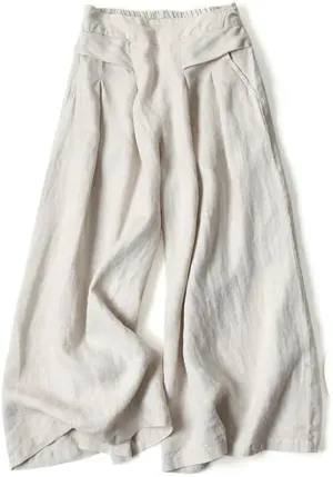 Women's Cotton Linen Palazzo Pants Wide Leg Flowy Loose Fit Gauze Casual Summer Outfit Elastic Waist with Pockets
