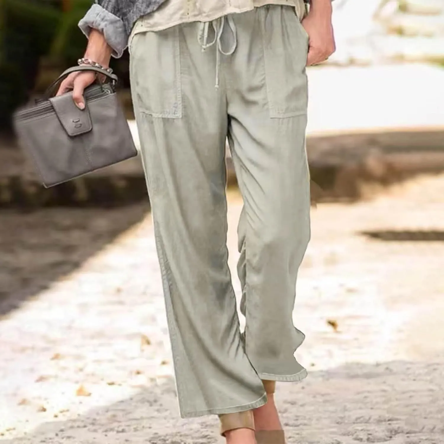 Women's Cotton Linen Straight Leg Pants Summer Casual Drawstring Pant Pockets Beach Vacation Trousers Comfy Clothing