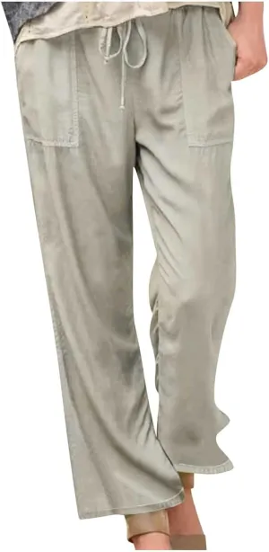 Women's Cotton Linen Straight Leg Pants Summer Casual Drawstring Pant Pockets Beach Vacation Trousers Comfy Clothing