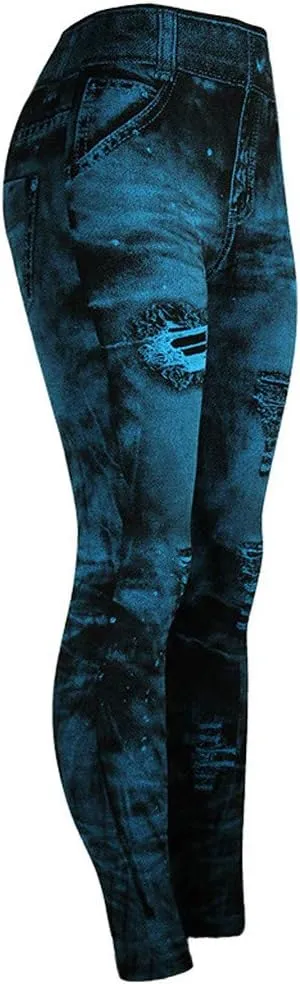 Womens Denim Printed Jeggings Stretch Skinny Fit High Waisted Leggings Summer Fashion Ripped Fake Jeans Leggings