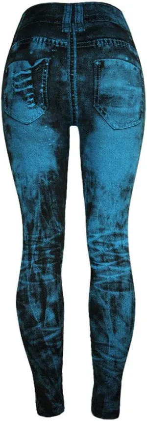 Womens Denim Printed Jeggings Stretch Skinny Fit High Waisted Leggings Summer Fashion Ripped Fake Jeans Leggings