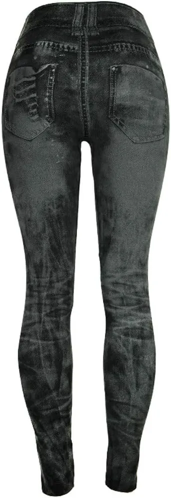 Womens Denim Printed Jeggings Stretch Skinny Fit High Waisted Leggings Summer Fashion Ripped Fake Jeans Leggings