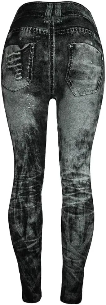 Womens Denim Printed Jeggings Stretch Skinny Fit High Waisted Leggings Summer Fashion Ripped Fake Jeans Leggings