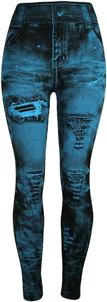 Womens Denim Printed Jeggings Stretch Skinny Fit High Waisted Leggings Summer Fashion Ripped Fake Jeans Leggings
