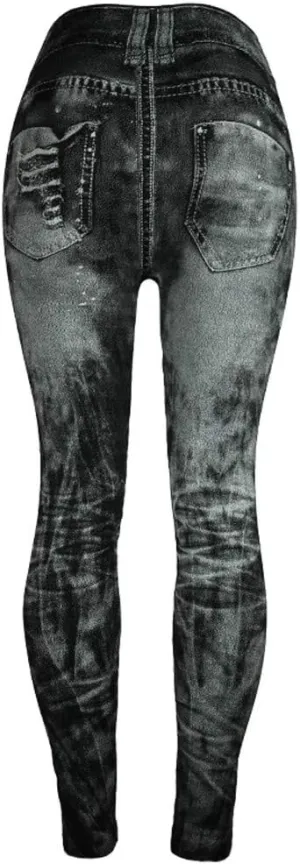 Womens Denim Printed Jeggings Stretch Skinny Fit High Waisted Leggings Summer Fashion Ripped Fake Jeans Leggings