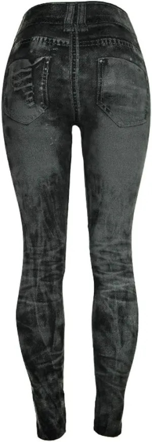 Womens Denim Printed Jeggings Stretch Skinny Fit High Waisted Leggings Summer Fashion Ripped Fake Jeans Leggings
