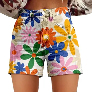 Womens Denim Shorts Summer Casual High Waist Fit Art Retro Printed Floral Athletic Biker Sweatpants with Pockets