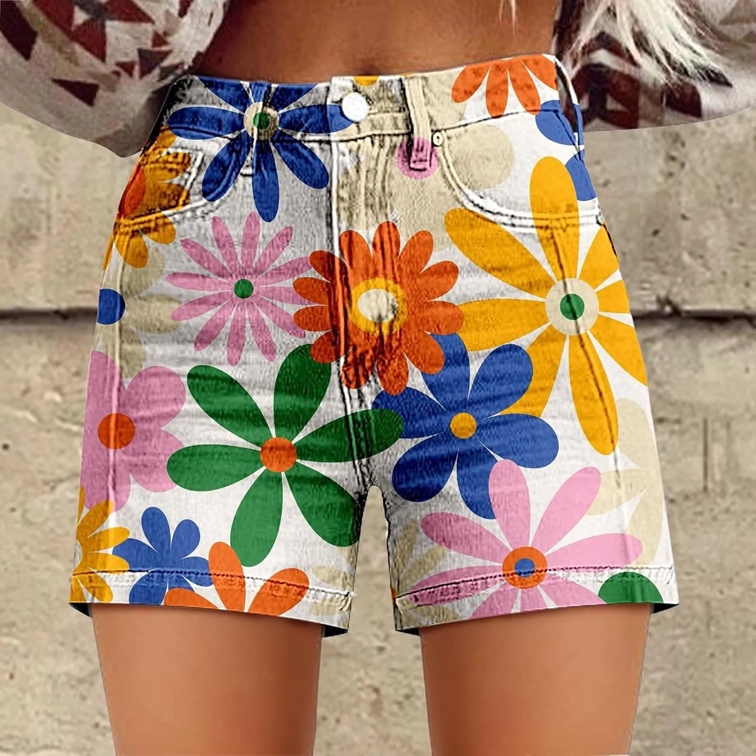 Womens Denim Shorts Summer Casual High Waist Fit Art Retro Printed Floral Athletic Biker Sweatpants with Pockets
