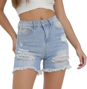 Women's Fashion Demin Shorts High Waisted Stretchy Jeans Ripped Distressed Frayed Raw/Folded Hem Casual Summer Short