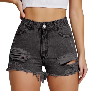 Women's Fashion Demin Shorts High Waisted Stretchy Jeans Ripped Distressed Frayed Raw/Folded Hem Casual Summer Short