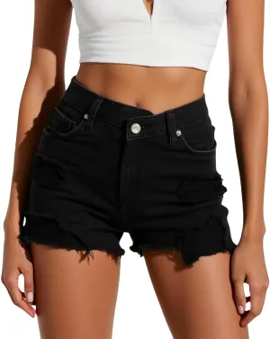 Women's Fashion Demin Shorts High Waisted Stretchy Jeans Ripped Distressed Frayed Raw/Folded Hem Casual Summer Short