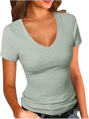 Women's Fashion Slim Fit V Neck Short Sleeve Tops Casual Summer Trendy Lightweight Comfy Solid Color Daily Home Top