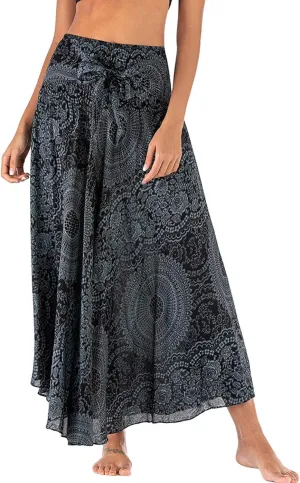 Women's Flowing Bohemian Dress High Waist A-Line Long Skirt Original Two Layer Printed Wrap Around Skirts