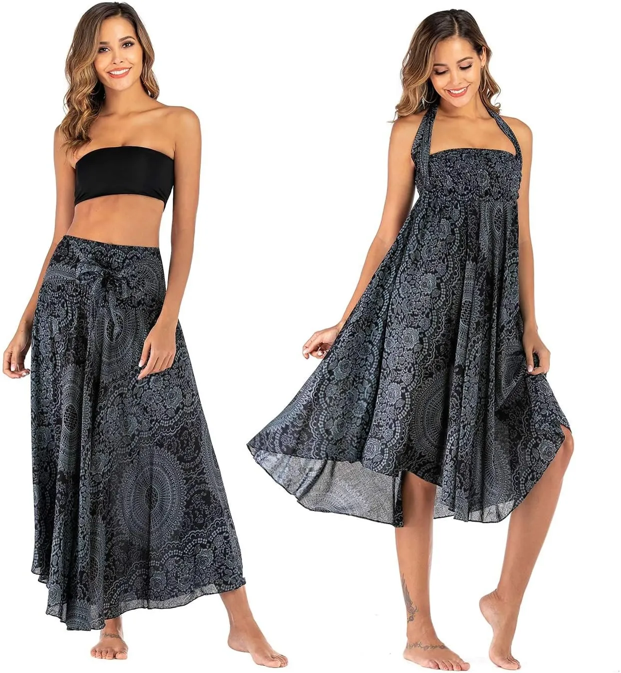 Women's Flowing Bohemian Dress High Waist A-Line Long Skirt Original Two Layer Printed Wrap Around Skirts