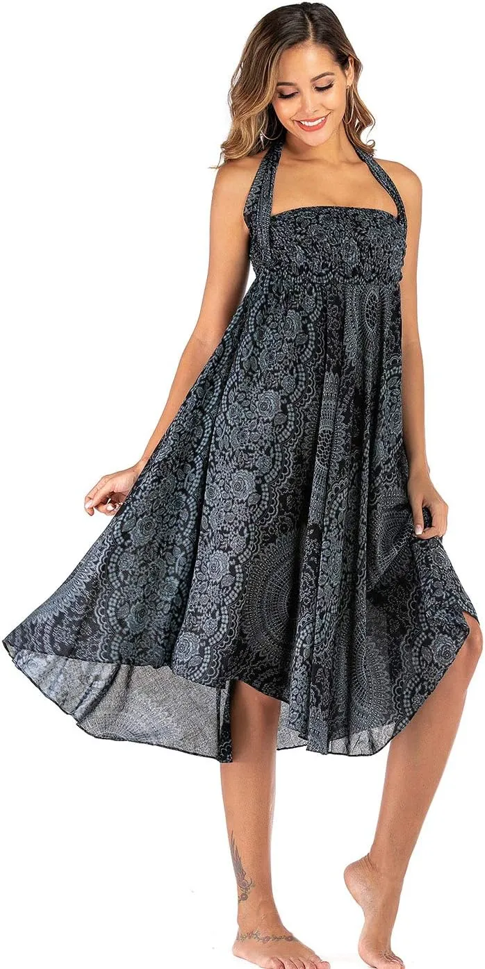 Women's Flowing Bohemian Dress High Waist A-Line Long Skirt Original Two Layer Printed Wrap Around Skirts