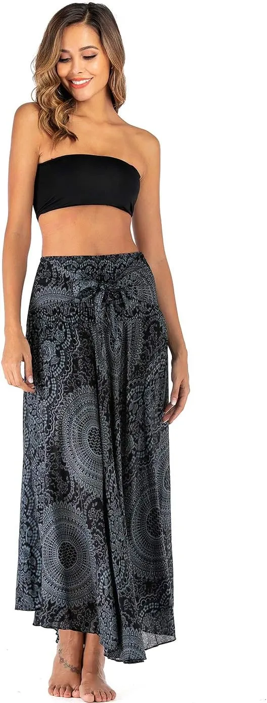 Women's Flowing Bohemian Dress High Waist A-Line Long Skirt Original Two Layer Printed Wrap Around Skirts