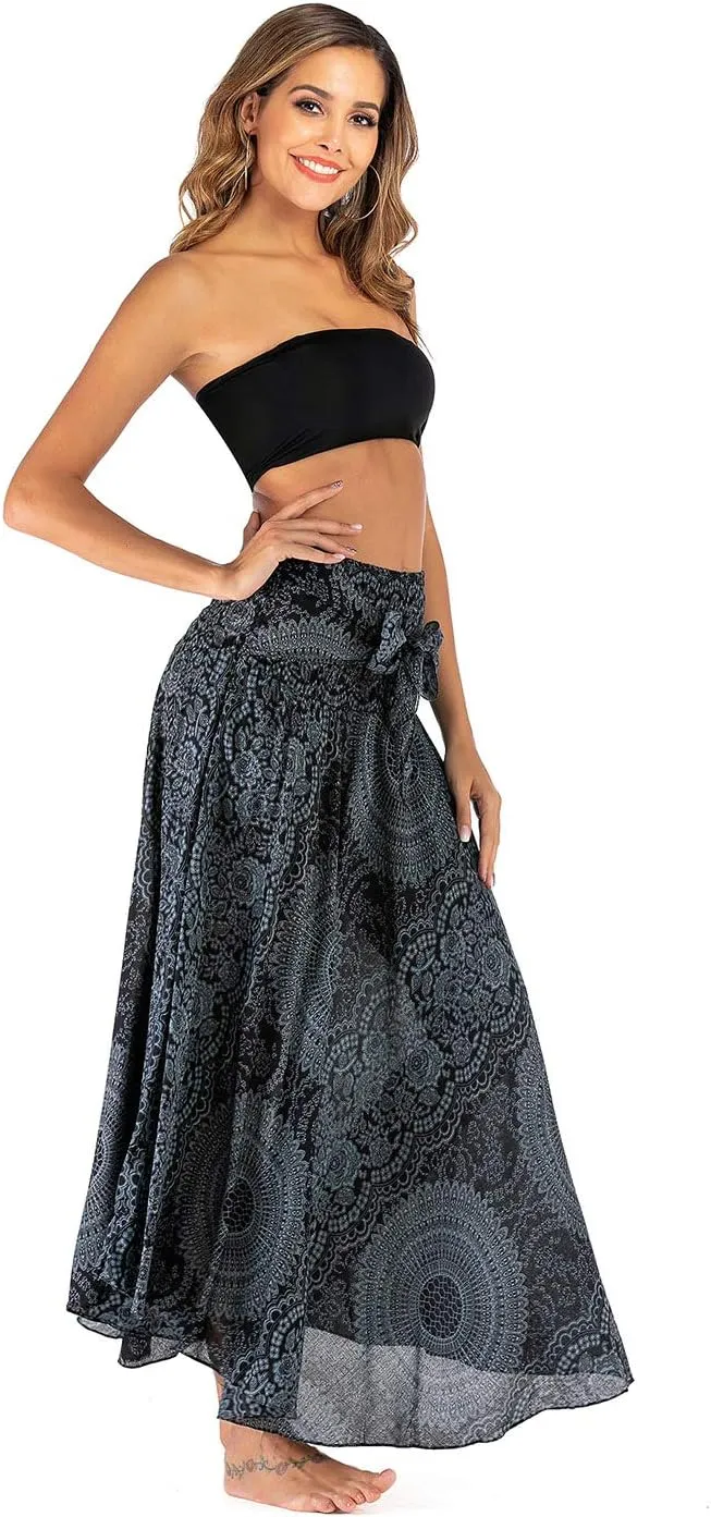 Women's Flowing Bohemian Dress High Waist A-Line Long Skirt Original Two Layer Printed Wrap Around Skirts