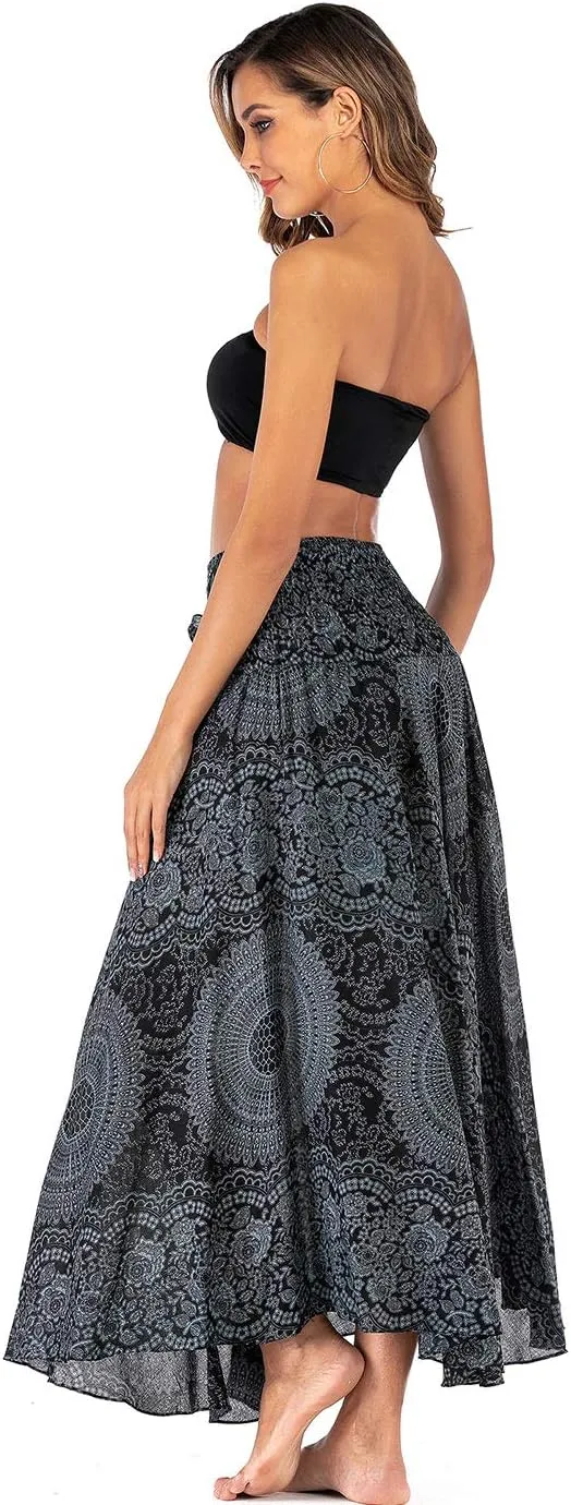 Women's Flowing Bohemian Dress High Waist A-Line Long Skirt Original Two Layer Printed Wrap Around Skirts