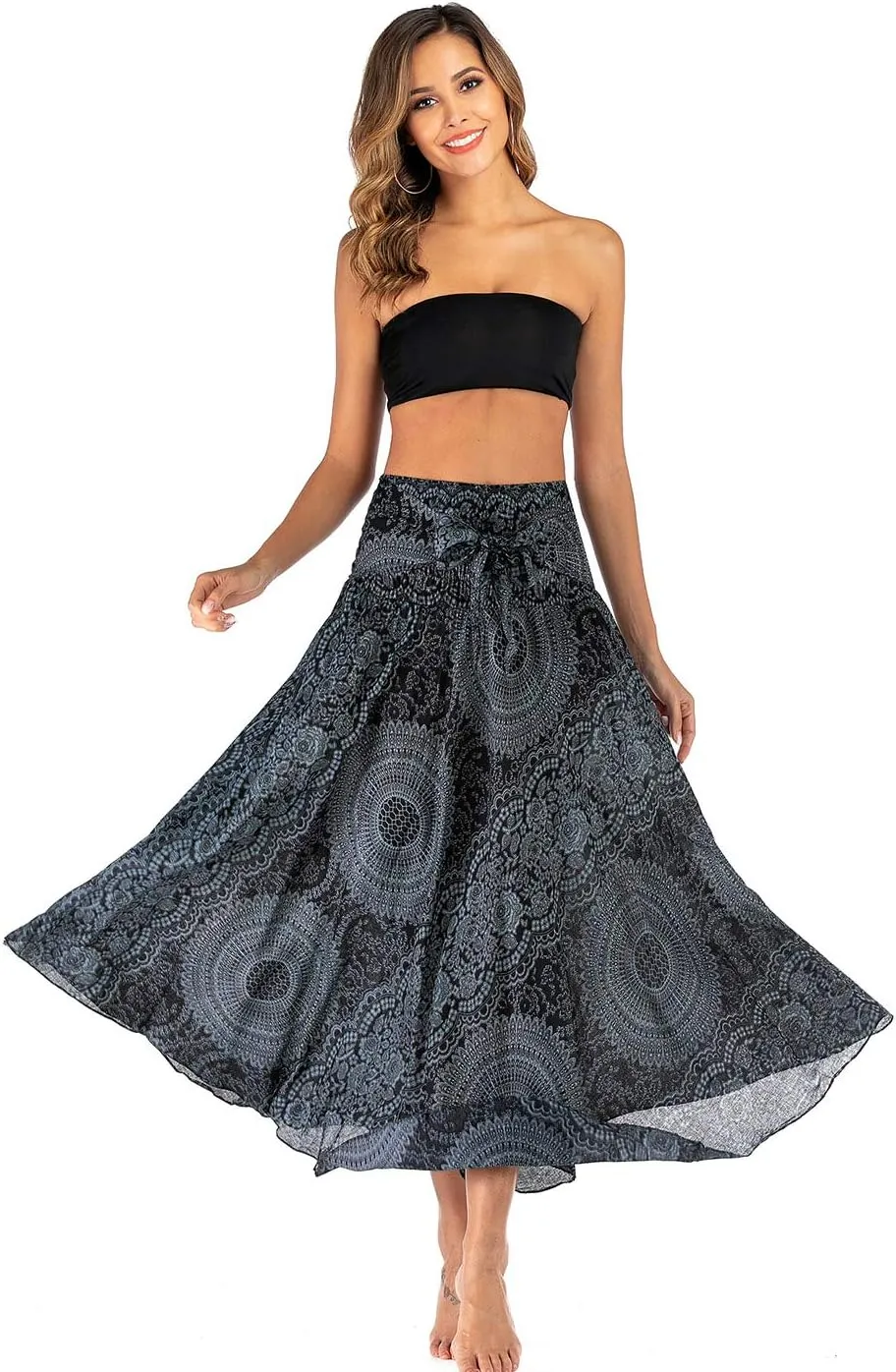 Women's Flowing Bohemian Dress High Waist A-Line Long Skirt Original Two Layer Printed Wrap Around Skirts