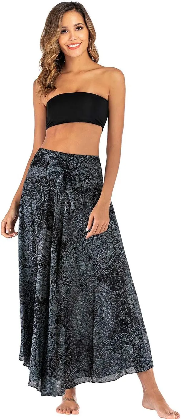Women's Flowing Bohemian Dress High Waist A-Line Long Skirt Original Two Layer Printed Wrap Around Skirts