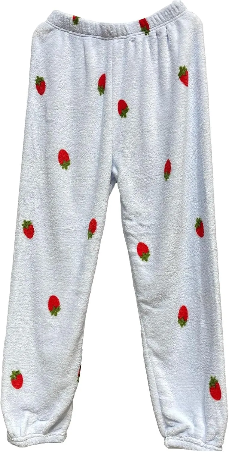Women's Fuzzy Plush Pajama Pants Strawberry Printed Comfy Warm Fleece Pajama Lounge Long Pants Sleepwear Home Pants