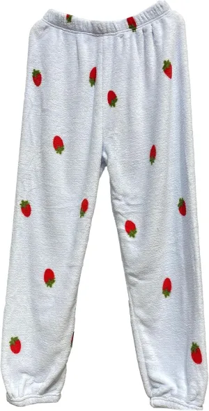 Women's Fuzzy Plush Pajama Pants Strawberry Printed Comfy Warm Fleece Pajama Lounge Long Pants Sleepwear Home Pants