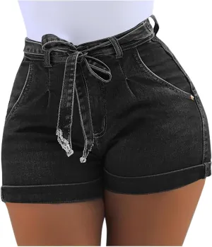 Women's High Waisted Denim Jean Shorts Stretchy Folded Hem Tie Waist Pleated Summer Hot Short Pants