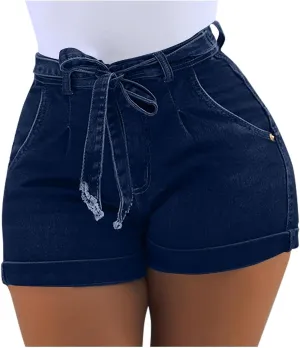 Women's High Waisted Denim Jean Shorts Stretchy Folded Hem Tie Waist Pleated Summer Hot Short Pants