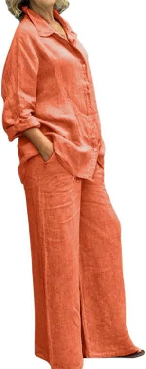 Womens Linen 2 Piece Outfits Long Sleeves Button Down Tops and Pant Suits Casual Loose Summer Business Work Suits