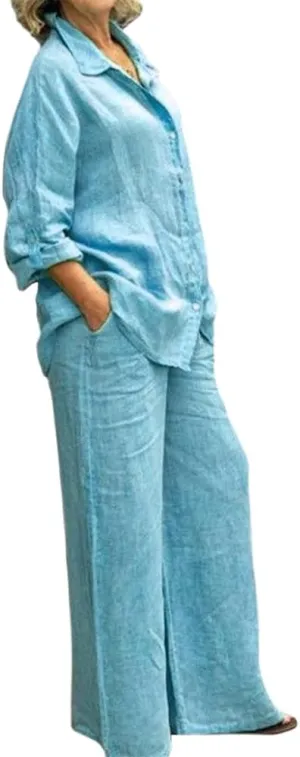 Womens Linen 2 Piece Outfits Long Sleeves Button Down Tops and Pant Suits Casual Loose Summer Business Work Suits