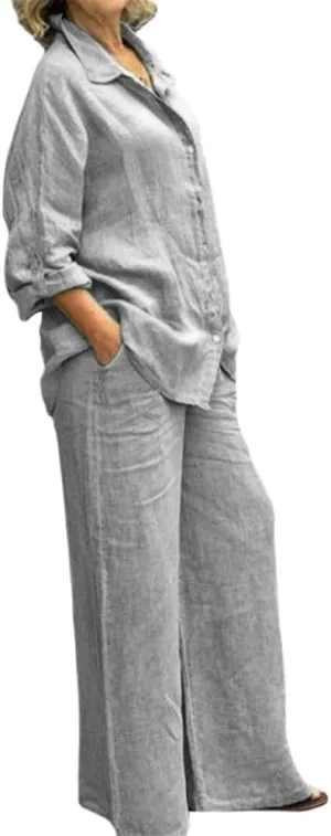 Womens Linen 2 Piece Outfits Long Sleeves Button Down Tops and Pant Suits Casual Loose Summer Business Work Suits