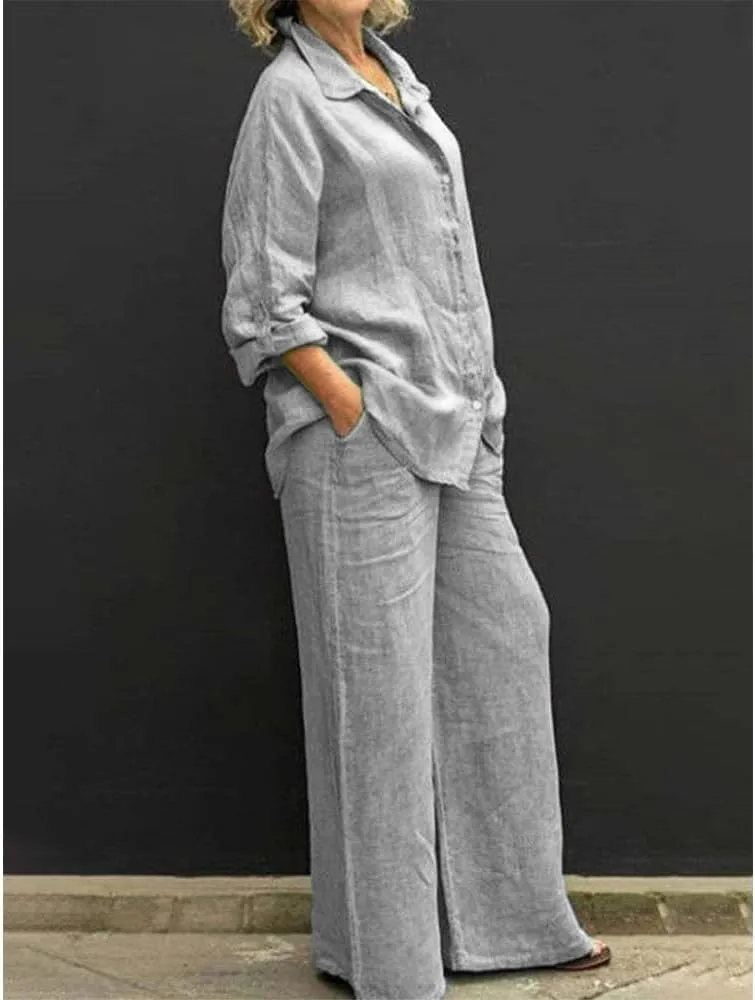 Womens Linen 2 Piece Outfits Long Sleeves Button Down Tops and Pant Suits Casual Loose Summer Business Work Suits