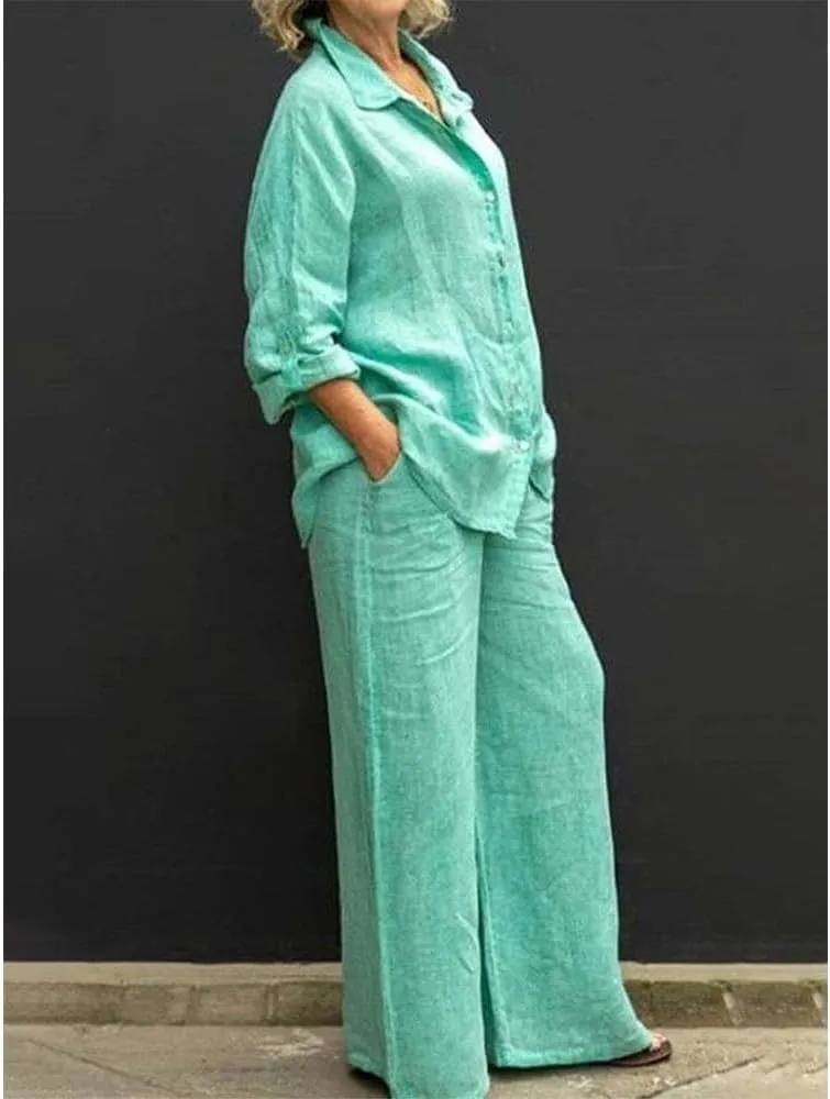 Womens Linen 2 Piece Outfits Long Sleeves Button Down Tops and Pant Suits Casual Loose Summer Business Work Suits