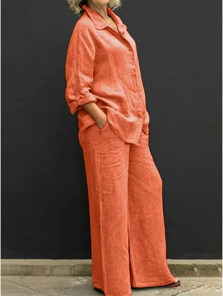 Womens Linen 2 Piece Outfits Long Sleeves Button Down Tops and Pant Suits Casual Loose Summer Business Work Suits