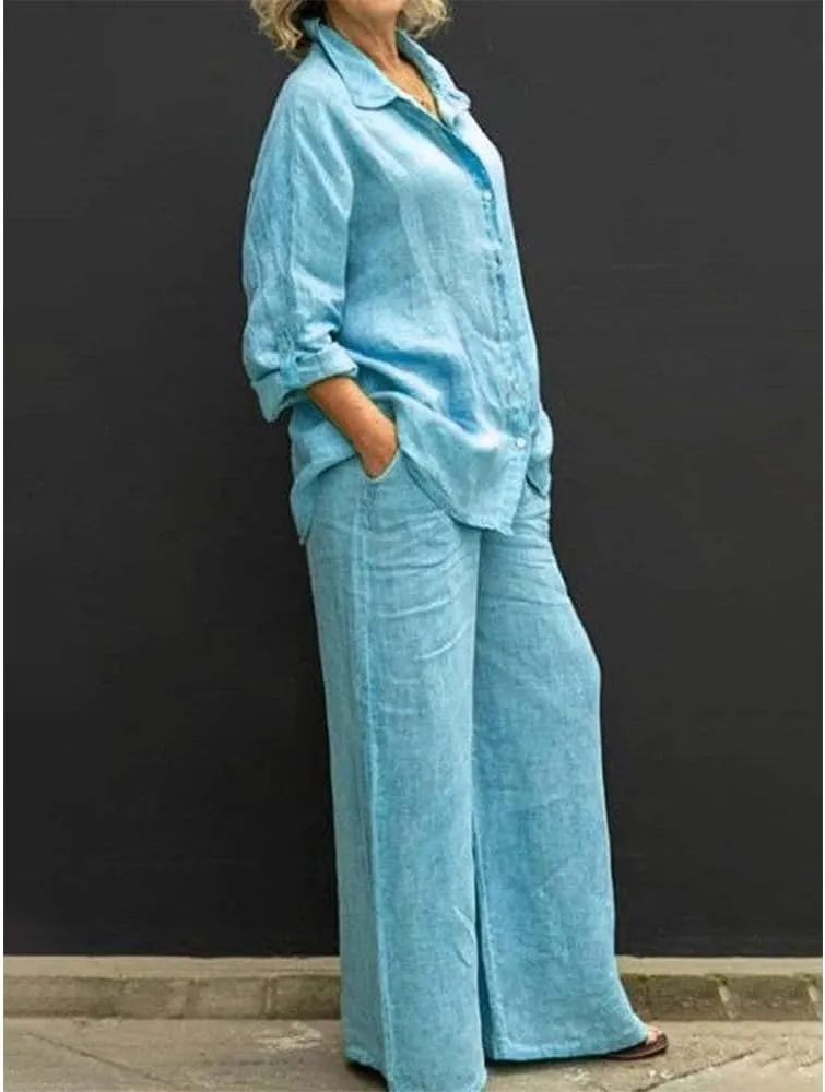 Womens Linen 2 Piece Outfits Long Sleeves Button Down Tops and Pant Suits Casual Loose Summer Business Work Suits