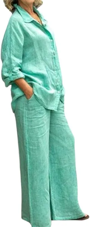 Womens Linen 2 Piece Outfits Long Sleeves Button Down Tops and Pant Suits Casual Loose Summer Business Work Suits