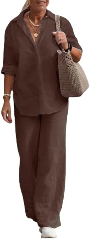Womens Linen 2 Piece Pant Suits 3/4 Sleeve Button Down Tops and Pant Outfits Casual Summer Business Work Suits
