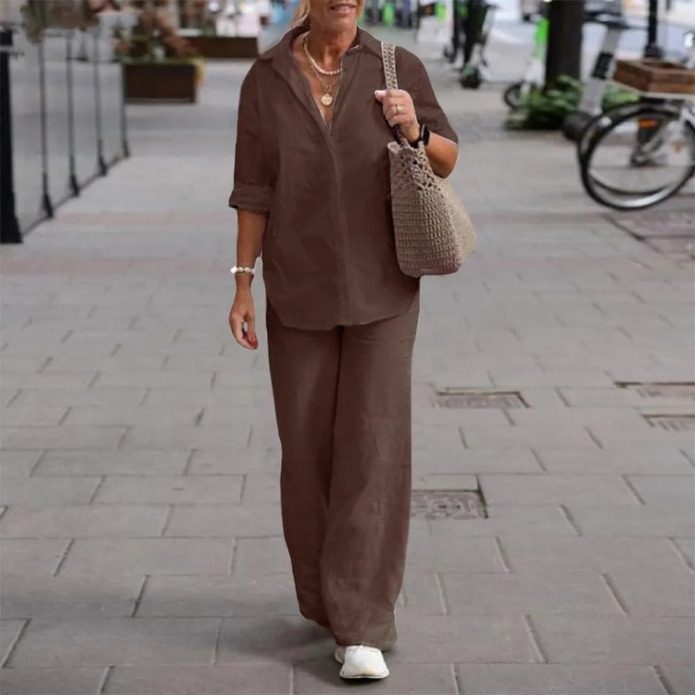 Womens Linen 2 Piece Pant Suits 3/4 Sleeve Button Down Tops and Pant Outfits Casual Summer Business Work Suits
