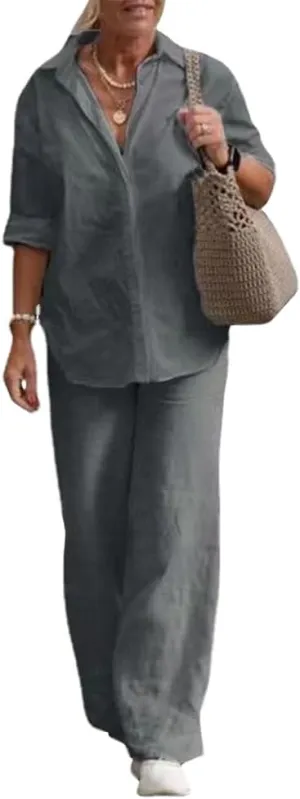 Womens Linen 2 Piece Pant Suits 3/4 Sleeve Button Down Tops and Pant Outfits Casual Summer Business Work Suits