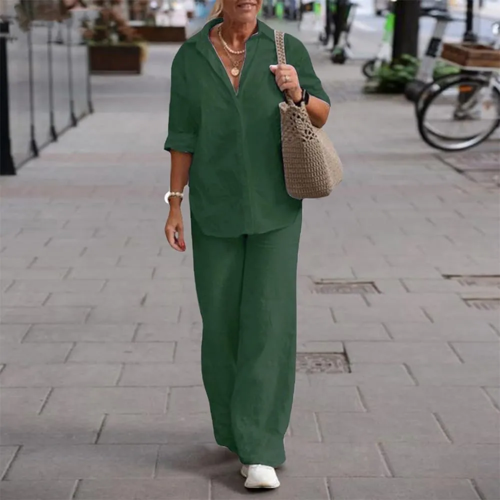 Womens Linen 2 Piece Pant Suits 3/4 Sleeve Button Down Tops and Pant Outfits Casual Summer Business Work Suits