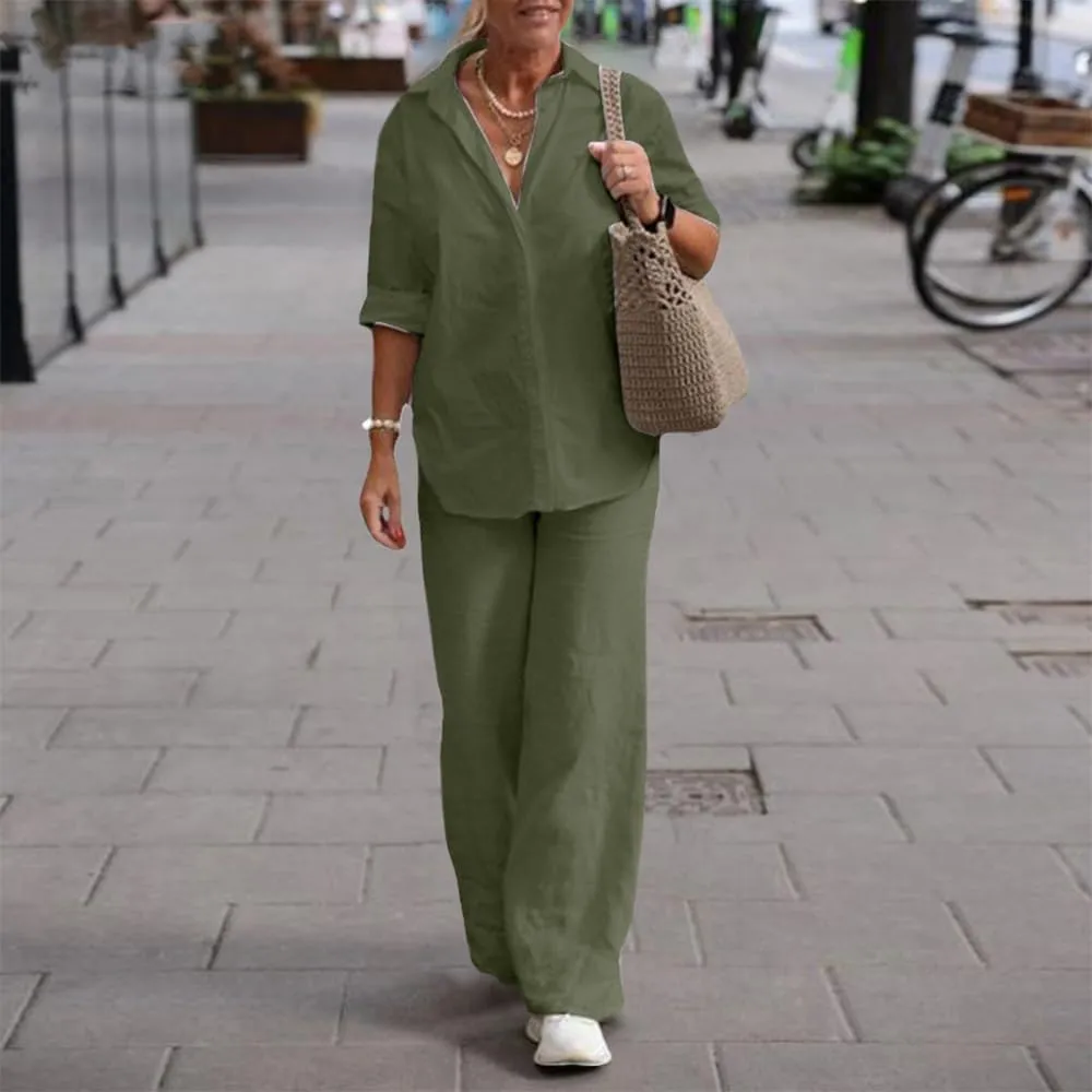 Womens Linen 2 Piece Pant Suits 3/4 Sleeve Button Down Tops and Pant Outfits Casual Summer Business Work Suits