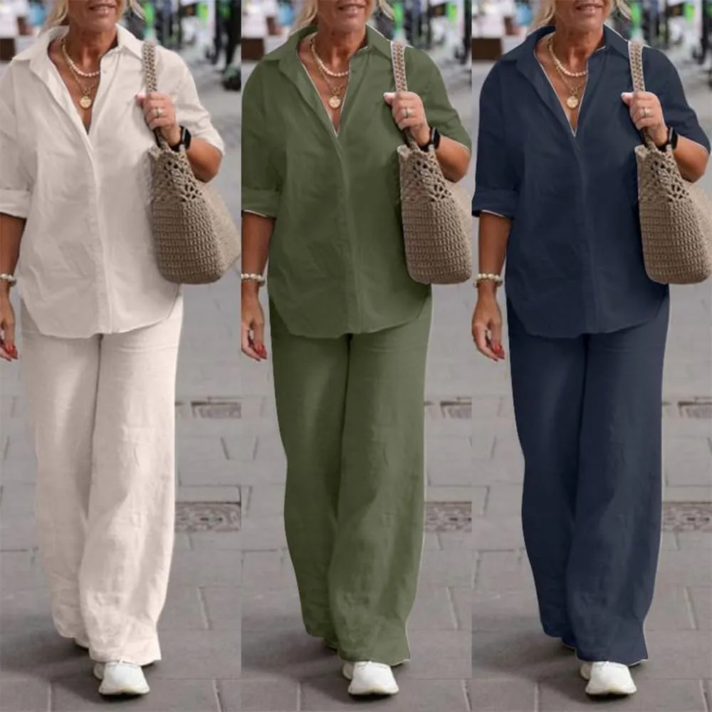 Womens Linen 2 Piece Pant Suits 3/4 Sleeve Button Down Tops and Pant Outfits Casual Summer Business Work Suits