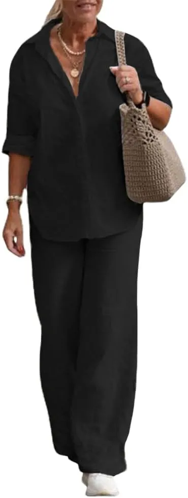 Womens Linen 2 Piece Pant Suits 3/4 Sleeve Button Down Tops and Pant Outfits Casual Summer Business Work Suits