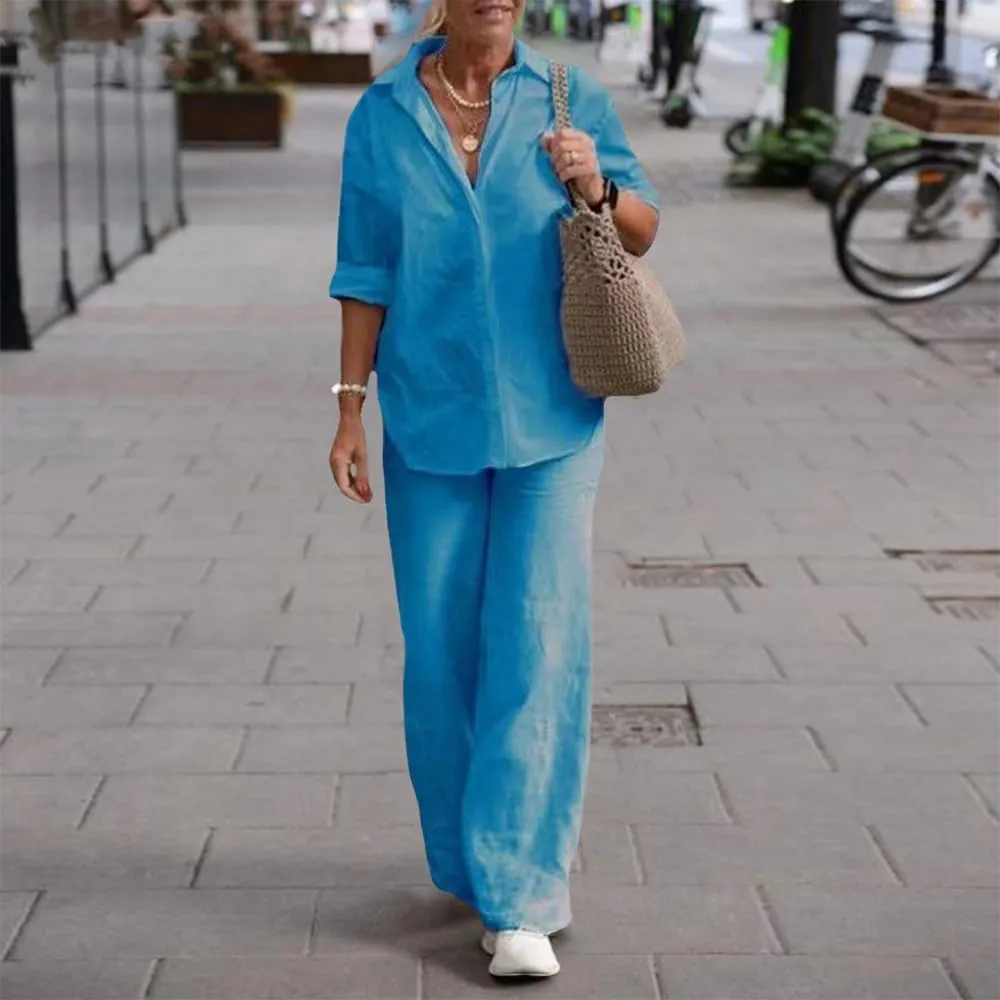 Womens Linen 2 Piece Pant Suits 3/4 Sleeve Button Down Tops and Pant Outfits Casual Summer Business Work Suits